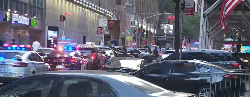 Police vehicles with flashing lights surround the scene outside a Manhattan office building during the investigation into the Shane Tamura Midtown shooting incident.